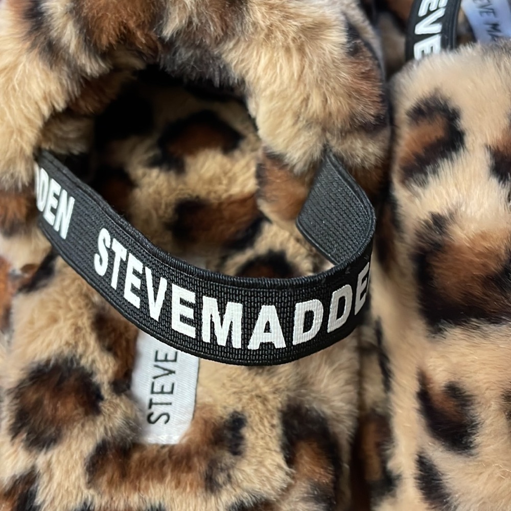 Steve Madden leopard print fur woman’s slippers small NEW brown leopard - Picture 4 of 6